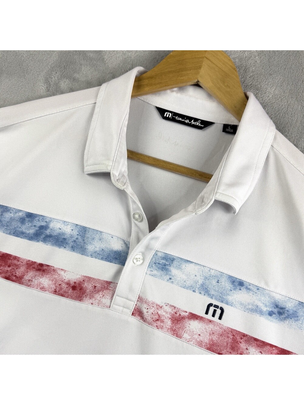 TravisMathew Mens L White Golf Polo Shirt Performance Blue/Red Stripes Preppy